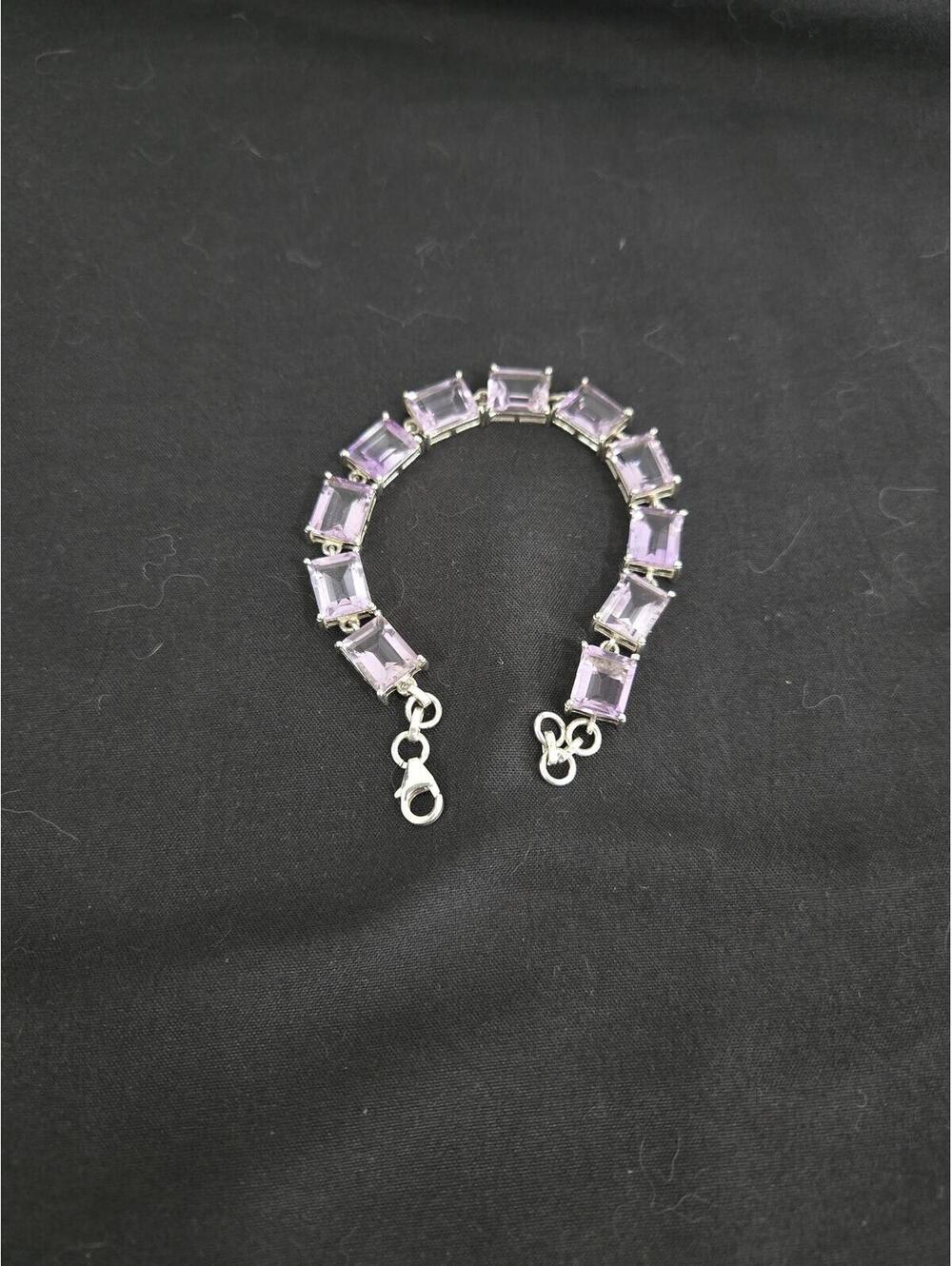 Vintage 925 Sterling Silver Amethyst Link Bracelet Emerald Cut Purple Stones